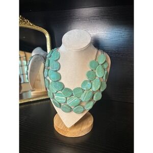 Chunky Faux Turquoise Triple Strand Bib Statement Necklace Silver Tone Boho